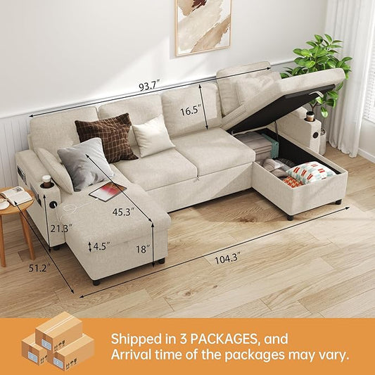 DURASPACE Sofa Bed Sleeper Sofa Pull Out Couch with Double Storage Chaise, Sectional for Living Room, U Shaped Couch with Removable Covers (Beige)