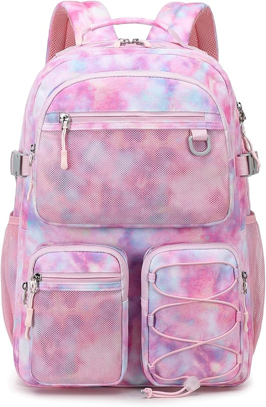Lohol Multi-Pocket Backpack for Travel College, Heavy Duty Big Bookbag with 15.6 inch Laptop Compartment (Pink Galaxy