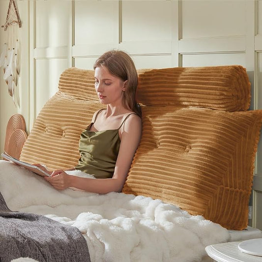 Headboard Wedge Pillow + A Long Neck Roll Pillow Body Pillow,Large Headboard Pillow with Removable Cover (Brown, King:76x8x20 inches)
