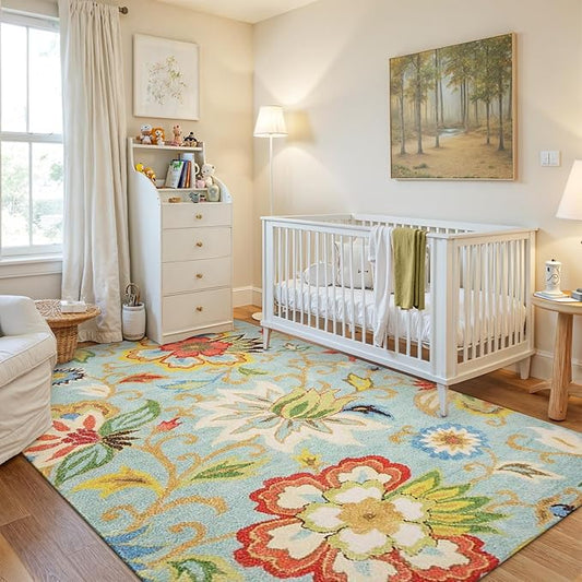 Lahome Machine Washable Floral Living Room Rug - 5x7 Area Rugs for Bedroom Non-Slip Large Low-Plie Soft Throw Nursery Kids Room Carpet Distressed Indoor Carpet for Dining Room Entryway Office