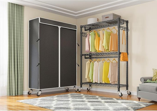 VIPEK R2C Heavy Duty Rolling Garment Rack with Cover, Portable Closets with Double Rods & Lockable Wheels, Covered Clothing Rack for Hanging Clothes, Black Rack with Black Upgarded Polyester Cover