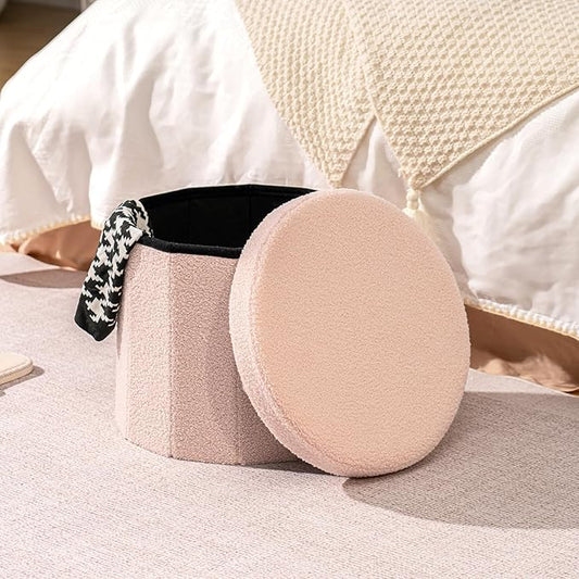 B FSOBEIIALEO Storage Ottoman Cube, Round Ottomans with Storage Foot Stool Footrest for Lving Room, Boucle Ottoman Seat for Dorm Room,Faux Teddy Fur, Pink 15"x15"x13.19"