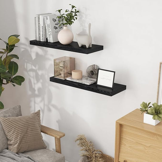 Fun Memories 32 Inch Floating Shelves, Wall-Mounted Bathroom Shelves Set of 2, 9.3 Inch Deep Floating Shelf Bookshelf for Living Room, Bedroom, Heavy-Duty Deep Storage Shelf for Wall, Black Color