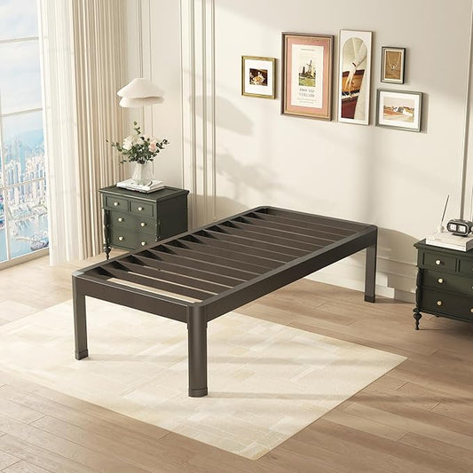 Twin Bed Frame with Round Corner Edge Legs, 14 Inch High 3500 lbs Heavy Duty Metal Platform Bed Frame Twin Size, No Box Spring Needed/Noise Free/Non-Slip/Steel Slat Support