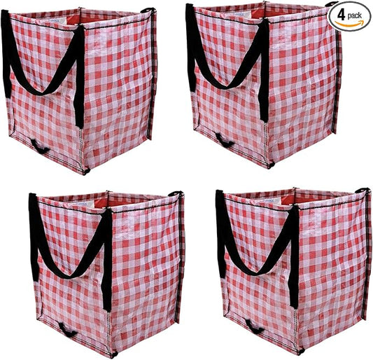 DURASACK Heavy Duty Storage Tote Bag 22-Gallon Rugged Woven Polypropylene Moving Bag, Reusable Self-Standing Design, Holds up to 500 Pounds, Pack of 4, Gingham Red