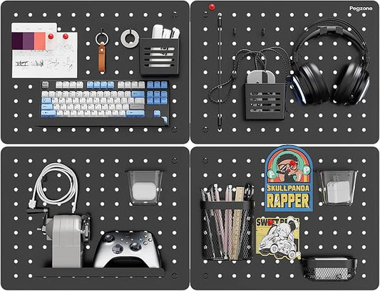 Pegboard Wall Organizer Combination Kit,Overall 33.1"x25.4" Metal Office Pegboard with 21 Accessories, Wall Mounted Peg board Display Panels for Home, Gaming Room, Garage (4Pcs,Black)