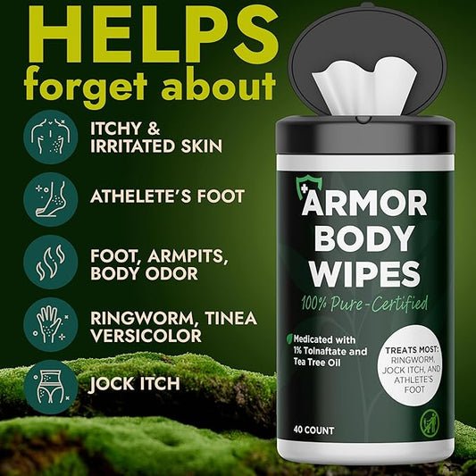 Body Wipes for Men & Women | Cleansing Body Wipes for Wrestling, Combat, Gym, Camping I Medicated with 1% Tolnaftate, Tea Tree Oil | Treats Ringworm, Jock Itch, Athlete's Foot | 40 Wipes (pack of 2)