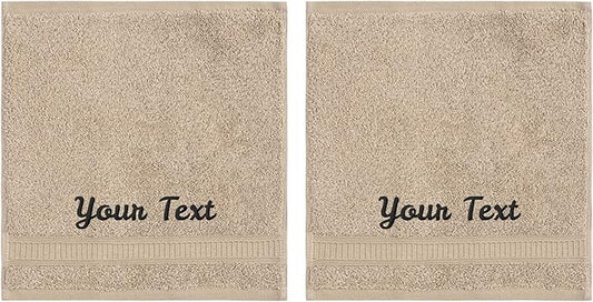 Personalized Towels, Luxury Turkish Genuine Cotton Monogrammed Towel Washcloths for Bathroom, Kitchen, Hotel, Spa, Gym & College Dorm, 2 Pack Washcloth Set for Body & Face, Baby and Adults, Beige