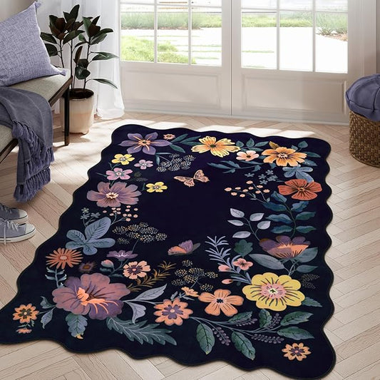 Lahome Floral Washable Rugs for Bedroom, 4X6 Area Rug Ultra-Thin Soft Living Room Rug, Non-Slip Classroom Rug Stain Resistant Lightweight Boho Low-Pile Throw Carpet for Office (4x6ft,Purple)