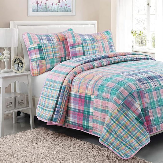 Cozy Line Home Fashions 100% Cotton Real Patchwork Pink Blue Green Reversible Quilt Bedding Set, Bedspread, Coverlet (Pink Plaid, Twin - 2 Piece)