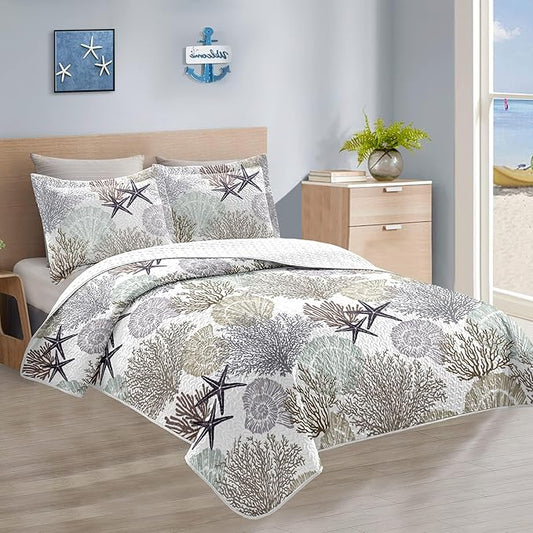 Tritard 3 Piece Coastal Quilt Sets Full/Queen Size - Reversible Microfiber Quilts with 2 Shams Soft Lightweight Beach Bedding Nautical Bedspread Summer Comforter Set for All Season, 90''x96'', C2