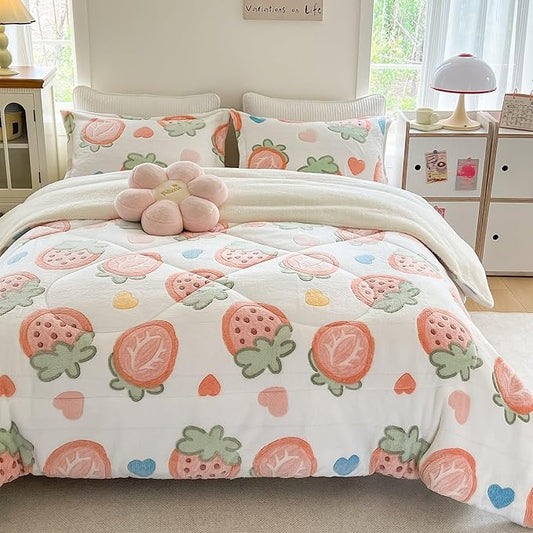 Strawberry Print Fleece Comforter Set - 3 Piece Queen Size Thick Fluffy Comforter for Her Girls Women, Plush, Cozy & Warm,Soft Bedding Bedroom Decor for Winter (1 Comforter + 2 Pillow Shams)