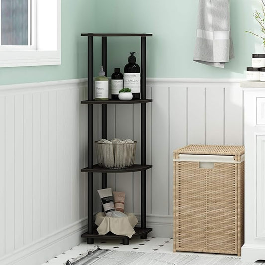 Furinno TURN-N-TUBE Corner Shelf, 4-Tier Corner Bookshelf, Display Storage Shelves with Open Shelves, for Organization and Storage, Living Room, Home Office, Garage, Espresso