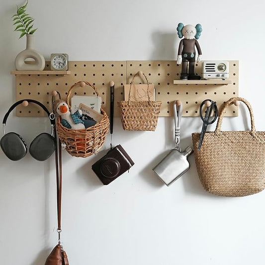 Wooden Pegboard Modular Display Organization Storage Wall Hooks Shelf (Birch Colored Finish-B)