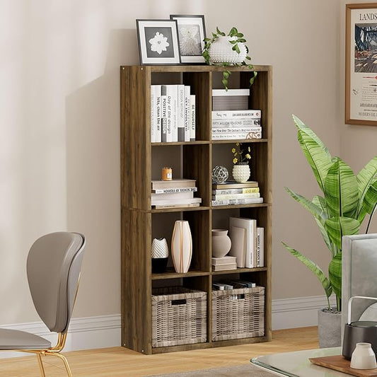 8 Cube Storage Organizer, Cube Shelf with Heavy-Duty Thick Boards, 25.12" L x 9.37" W x 48.74" H, Smooth Easy-Clean Panels, Simple Assembly, for Living Room Bedroom Office, Brown