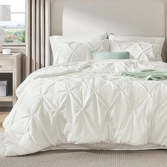 Bedsure California King Comforter Set - Cal King Bed Set 7 Pieces, Pinch Pleat Ivory Cali King Bedding Set with Pintuck Comforter, Sheets, Pillowcases & Shams