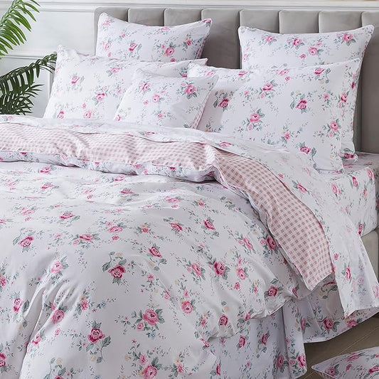 FADFAY Rose Duvet Cover Set Twin Pink Floral Bedding Vintage Botanical Flower Quilt Cover Set Rustic Farmhouse Bedding 100% Cotton Soft Comforter Cover with Hidden Zipper Closure 3Pcs, Twin Size
