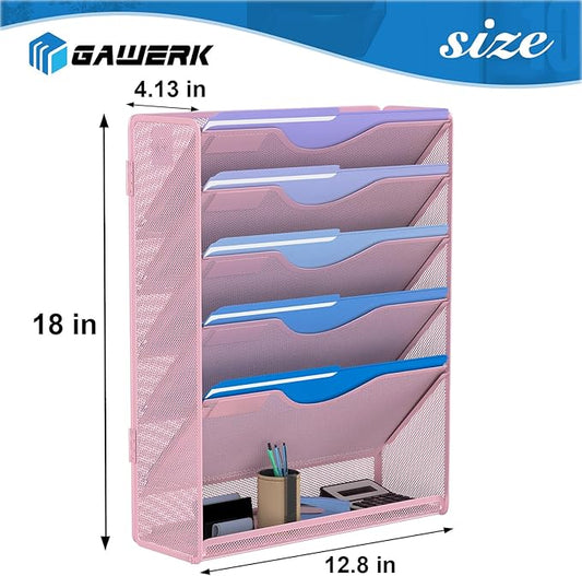 6 Tier Hanging File Organizer, Mesh Wall File Holder Paper Folder Rack with Bottom Flat Tray for Office Home, Pink