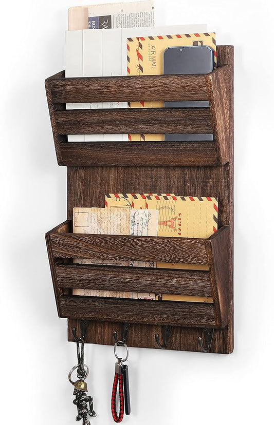 MOOACE Mail Organizer Wall Mount with Key Hooks, 2-Slot Wood Mail and Key Holder, Wall File Organizer Office Letter Folder Accessories Organizer Home Farmhouse Decor