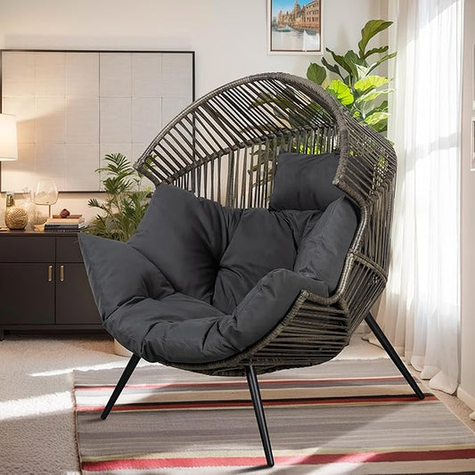 Vongrasig Comfy Wicker Egg Chair, Soft Thick Cushion Rattan Lounge Chair, High Capacity Steel Frame, Reading Chair for Living Room, Bedroom, Dorm Rooms (Black/Rattan)