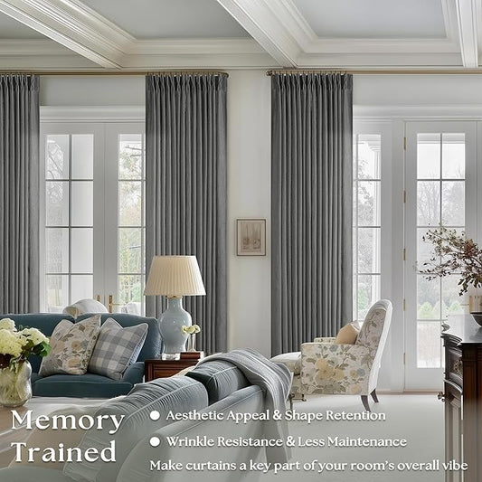 Charcoal Grey Pinch Pleated Linen Curtains 108 Inches Long for Living Room 2 Panels Set Flax Double Pleated Drapes Back Tab Farmhouse Neutral Ceiling Floor 108 Inch Window Curtains Bedroom Dark Grey