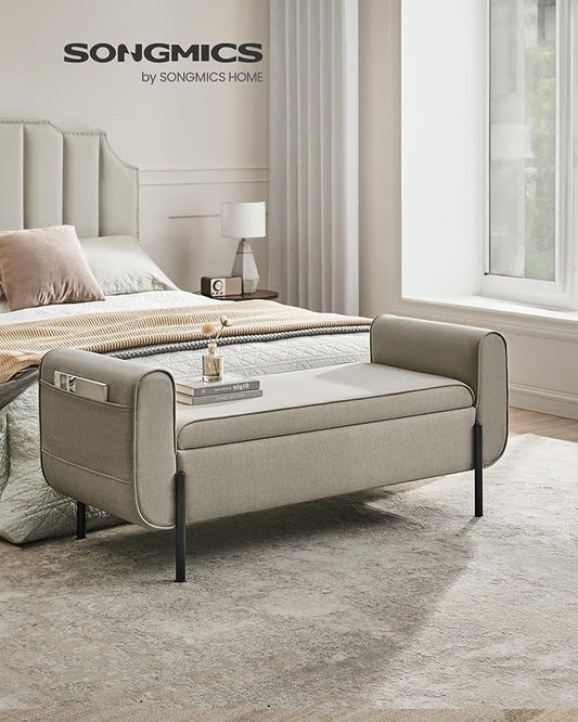 SONGMICS Storage Bench with Armrests, Ottoman with Storage for Living Room, Storage Ottoman Bench for Bedroom, Entryway, Living Room, Steel Legs, Camel Brown ULOM072K03