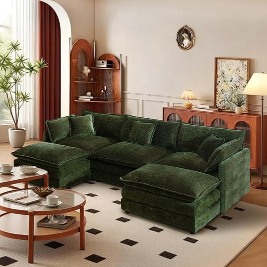 SoarFlash Chenille Sectional Sofa, Comfy L Shaped Modular Coush Sofa with Ottoman, Modern 3 Seat Couch Deep Seat Sofa Set for Living Room,Green