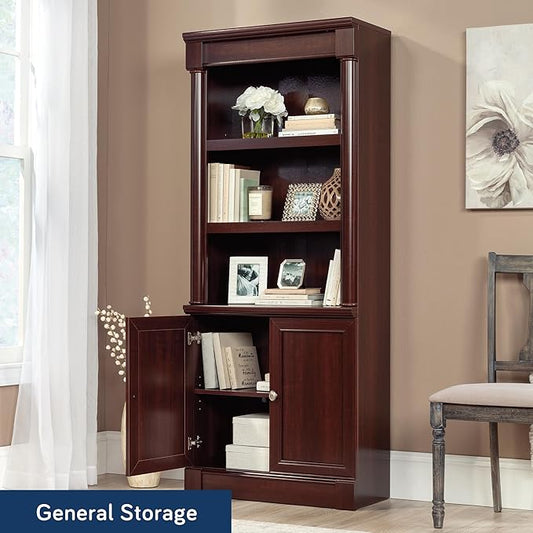 Sauder Palladia Book Shelf, Bookshelf with Storage, Library Bookcase with Doors and Adjustable Shelves, in Select Cherry finish