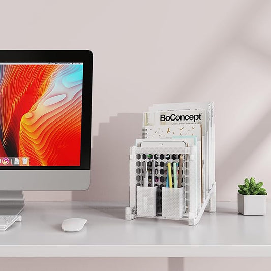 File Organizer for Desk with Storage Box & Hook, Inclined Desk File Organizer with 5-Section Vertical File Holder suitable for Home Office Document Organization (Ice Crystal