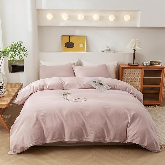 ECOCOTT Duvet Cover Set, 100% Washed Cotton Linen-Like Soft & Breathable, Durable Comfy Bedding Set for All Seasons (Greyish Pink, California King)