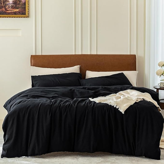 FOSSA Duvet Cover Set 100% Washed Cotton 3 Pieces Bedding Set Twill Soft Cozy Breathable Sturdy Substantial with Textured Weave Solid Black Full/Double