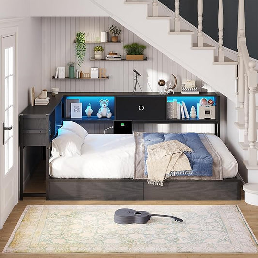 Hasuit Full Corner Bed Frame with Storage Drawers and Bookcase Headboard, Full Size Metal Platform Corner Bed Frame with Charging Station and LED Lights, Full Daybed for Kids Teens Guests, Black