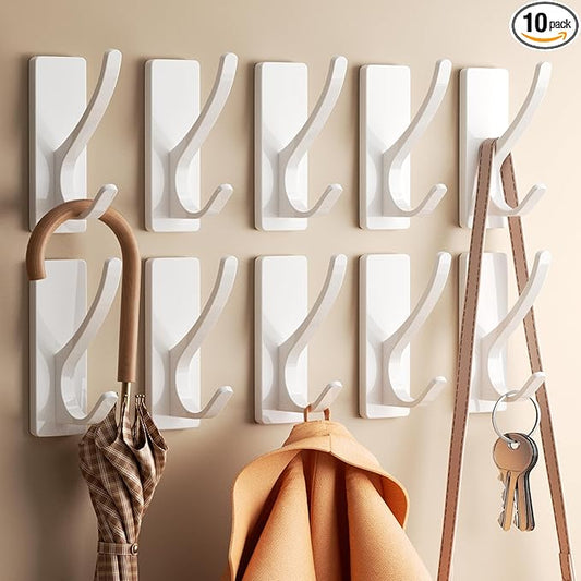 pickpiff Self Adhesive Coat Hooks for Hanging, Heavy Duty Stainless Double Wall Hook for Towel, Backpack, Hat, Sturdy Metal Hanger for Bathroom, Bedroom, Door, Wall Mounted, 10 Pack, White