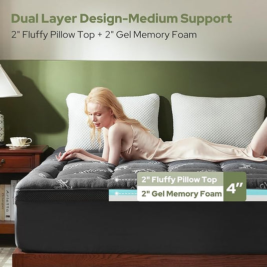 BEDLORE 4 Inch Memory Foam Mattress Topper King,2-in-1 Dual Layer Design (2" Gel Memory Foam + 2" Plush Pillow Top Cover) Mattress Topper Medium-Firm,Pressure Relief & Back Pain Support(Dark Gray)