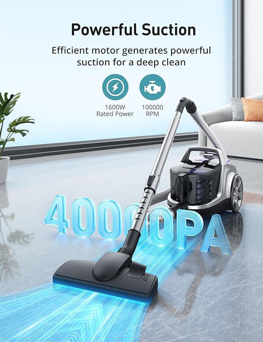 Aspiron Canister Vacuum, Upgraded 1600W Bagless Canister Vacuum Cleaner, Auto Cord Rewind, H13 HEPA Filter, 3.7Qt Large Capacity, 5 Tools for Hard Floors, Carpet, Pet, Upholstery, Tiles, Lilac