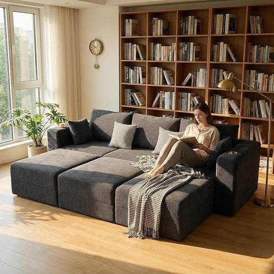 Furnimart 112" Oversized Modular Sectional Sleeper Sofa with 3 Ottomans, Boneless Cloud Couch Bed 3 Seater with Chaise for Living Room, Modern Convertible Sleeper Couch, No Assembly, Corduroy Black