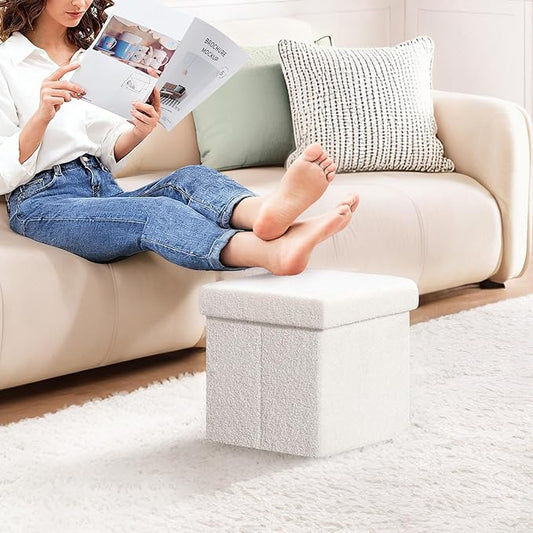 PINPLUS Storage Ottoman Cube Square Shaped Ottomans with Storage Foot Stool Footrest for Lving Room Boucle Ottoman Seat for Dorm Room,Faux Teddy Fur, White,11.8"x11.8"x11.8"