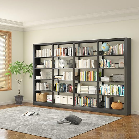 5-Tier Black Bookshelf, Metal with Adjustable Storage Shelves, Freestanding Bookcases and Bookshelves, Wide Bookshelf for Home Office, Living Room, Including Book Stopper