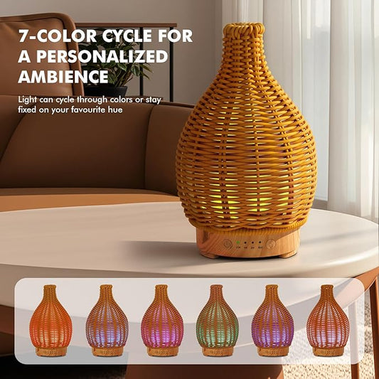 Essential Oil Diffuser Aromatherapy Diffuser-150ml Ultrasonic Fragrance Diffuser Humidifier Whisper Quiet Timer Setting 7 LED Colors Changing Lights for Home Office Decor & Gift (Handwoven)