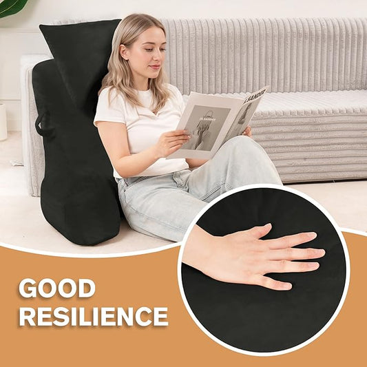 Portable Reading Pillows with Headrest for Bed Sitting Up(Grey Oeko-Tex), Velvet Back Pillow with Arms & Pockets for Adults, Support Memory Foam Bed Pillow for Dorm/Reading/Watching/Gaming