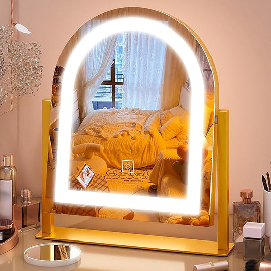 FENNIO Large Vanity Mirror with Lights - 15.5"x13" LED Lighted Makeup Mirror with Lights, 10X Magnification, Touch Screen with 3-Color Lighting, Dimmable, for Vanity Desk Tabletop, Bedroom(Gold)