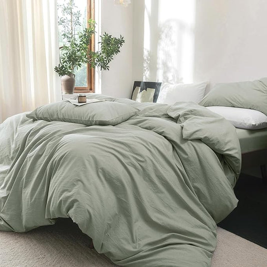 FOSSA Duvet Cover Set 100% Washed Cotton Linen Feel Super Soft Breathable Cozy Simple Style 3 Pieces Bedding Sets Solid Sage Green Oversized King Plus