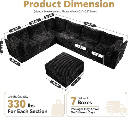Large 7 Seat Modular Sectional Sofa with Ottoman Seat Corduroy Sleeper Sectional Sofa Bed Oversized Convertible Modular Couch for Living Room