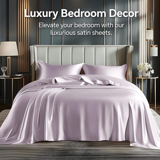 BEDELITE King Size Sheets Set, Luxury Soft Lavender Satin Sheets for Hair and Skin, Similar to Silk Bed Sheets Set 4 Pieces with 1 Deep Pocket Fitted Sheet, 1 Flat Sheet, and 2 Pillowcases