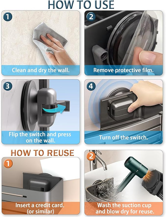 Onemake Shower Caddy Suction Cup, No Drilling Bathroom Shower Shelf, Corner Shower Caddy with 6 Portable Hooks, Removable Bath Organizer with Towel Bar for Bathroom Storage(Gray)