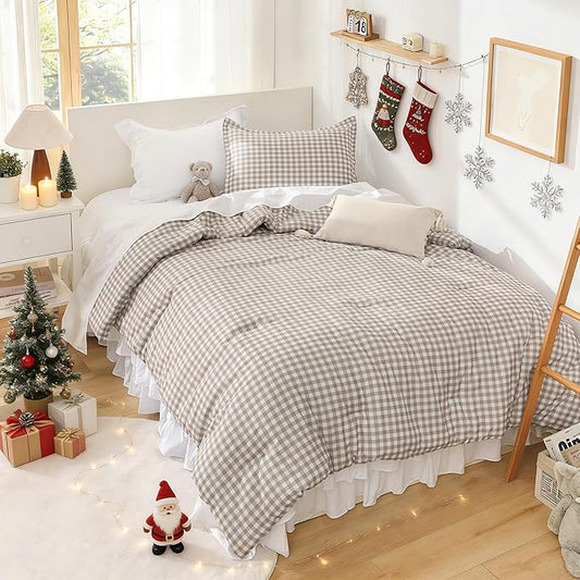 Andency Tan Gingham Comforter Set Twin(66x90Inch), Brown Checkered Grid Plaid Buffalo Bed Set for Girls Boys Kids Teens, 2 Pieces Lightweight Microfiber Geometric Preppy Bedding