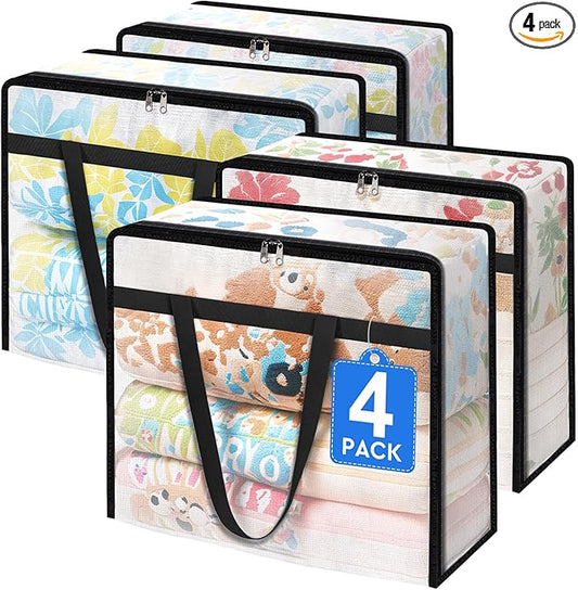 4 Pack Clear Storage Bags for Comforter, Clothes & Bedding, Plastic Blanket Storage with Zipper and Handle, Moving Bags, Closet Organizer and Under-Bed Storage (60L)