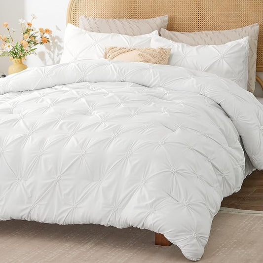 BEDELITE White Queen Comforter Set - 3 Pieces Boho Pintuck Bedding Comforter Sets, Lightweight Soft & Warm Bed Comforter Queen with 2 Pillowcases for All Season