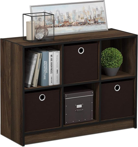 Furinno BASIC Book Shelf, 6-Cube Bookshelf, 3 x 2 Bookcase with Storage Bins, 11.9 x 31.6 x 23.6, for Living Room, Bedroom, Home Office, Columbia Walnut
