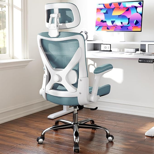 Office Home Ergonomic Desk Chair-Computer X-Shaped Chair Mesh PU Leather with Adjustable Lumbar Support-Executive Chair High Back with Headrest Flip-Up Arms for Long Hours (Sky Blue)